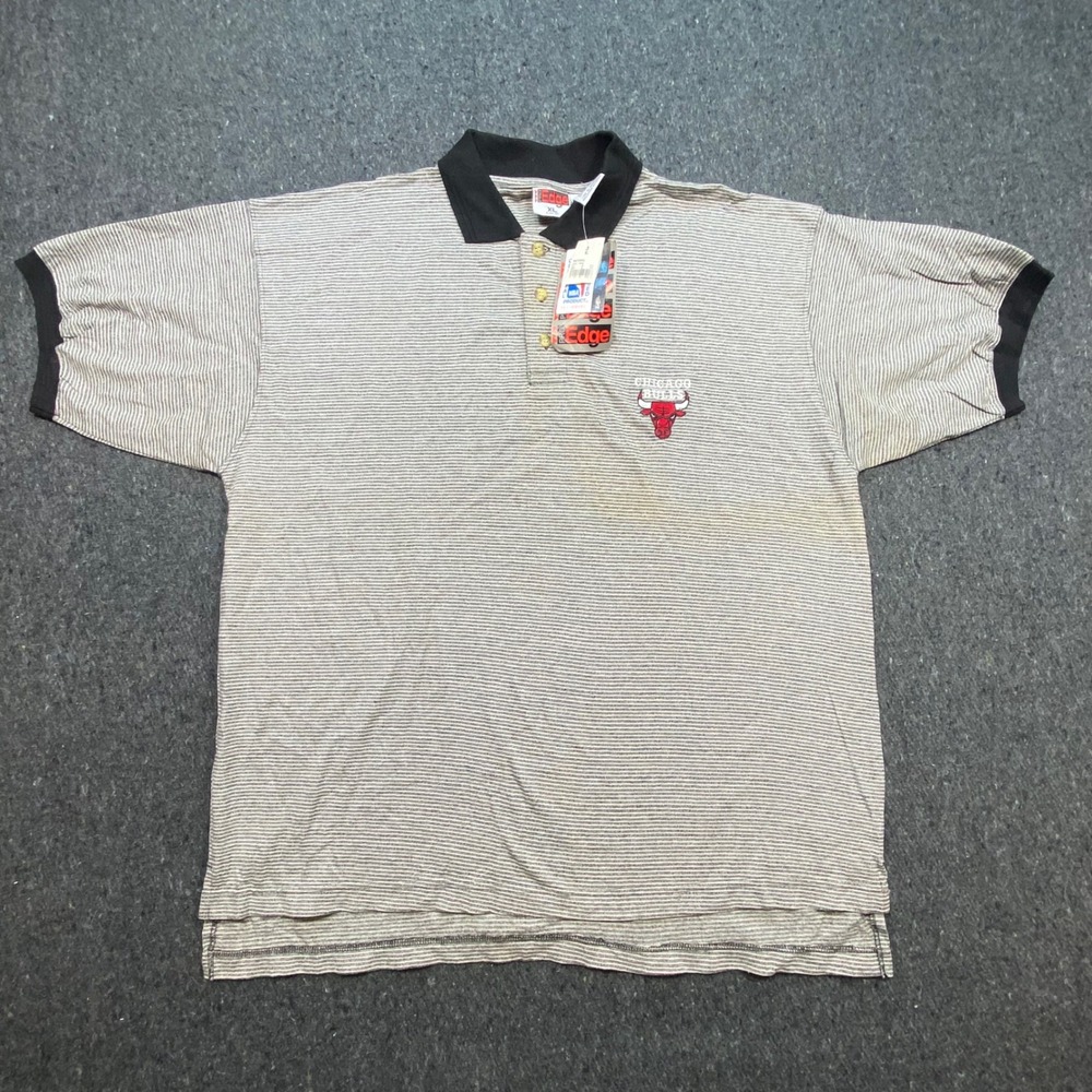 Pro‎ Edge Vintage 90s Mens XL NBA Chicago Bulls Striped Polo Shirt Grey 1997